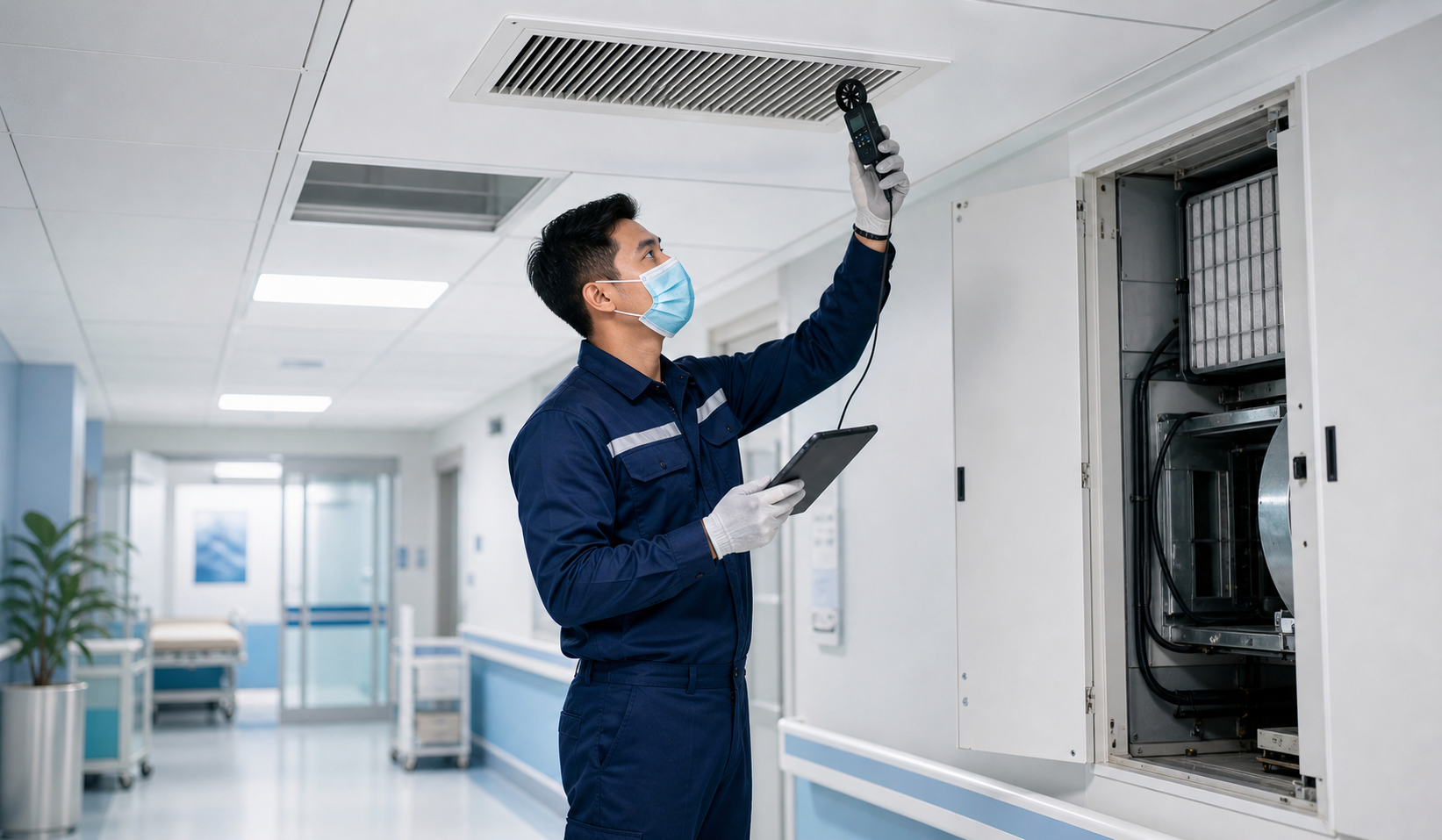 Teknisi HVAC memeriksa sistem udara di rumah sakit modern